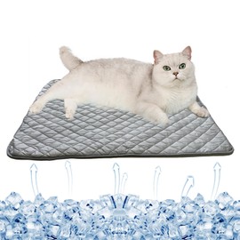BAMY Cat Cooling Mat Summer Dog Silk Pad Self Cooling Cushion Washable Kitten Ice Blanket with Duck Strawberry Pattern (Grey, S (19.7"x15.7"))