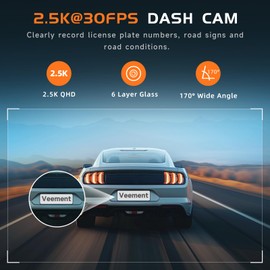 2.5K Car Dash Cam, VEEMENT Dash Camera for Cars, 1440P Car Dash Camera with APP, WiFi Dash Cams with WDR Night Vision, 24/7 Parking Monitor Dashcam, 160°Wide, G-Sensor, Mini Dash Cam