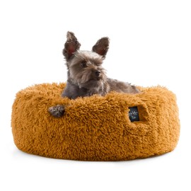 Nicole Miller New York PET Ellie Fuzzy Solid Donut Pet Bed, Plush, Cozy & Calming, Water Repellent, Non-Slip Bottom, 100% Machine Washable, Gold, Small 24"x24"x7" Round