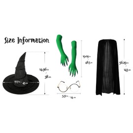 UQJE - Disfraz de bruja para mujer, 5 piezas, disfraz de bruja verde malvado, disfraz de brujas de Halloween, capa, anteojos, guantes accesorios