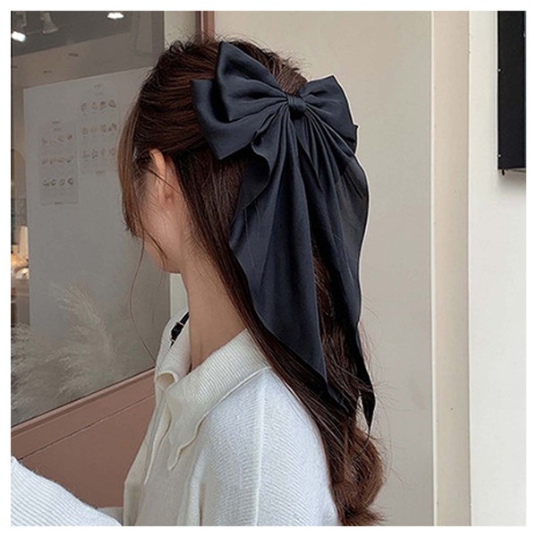 Allereya Vintage Large Silk Bow Hair Clip Barrette French Silk Bow Head Clip Black Ribbon Bow Hair Barrette Headpieces Silk Bow Hair Accessories for Women and Girls (Black)