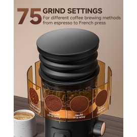 AMZCHEF Coffee Grinder with 75 Settings & 40mm Burrs | Anti-Static Espresso Grinder for Home Use | Low Retention Magnetic Outlet | Quiet DC Motor | Vacuum Dosing Cup | LED Light