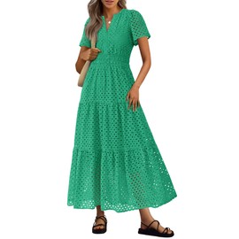 PRETTYGARDEN Womens 2025 Summer Maxi Dress Short Sleeve V Neck Hollow Out Eyelet A Line Long Flowy Beach Vacation Dresses (Green,Small)