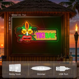 Tiki Bar Neon Sign Dimmabel Tiki Bar Neon Light for Aloha Hawaii Tropical Birthday USB Powered Led Light Sign for Man Cave Decor Hawaiian Luau Party Decoration