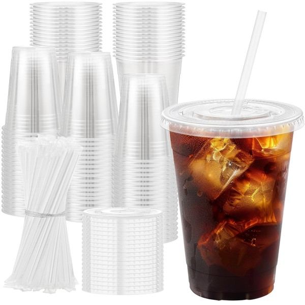 Clawsoff 16 oz 100 Pack Plastic Cups with Lids and