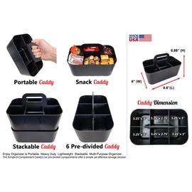 Enjoy Organizer - Small Stackable Plastic Caddy with Handle 6 Compartment | Desk, Makeup, Dorm Caddy, Classroom Art Organizers - 4 Pack, Made In USA (Black)