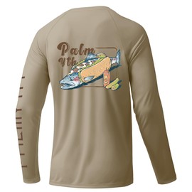 Palmyth Mens Fishing Shirts Sun Protection T-Shirts UV UPF 50+ Long Sleeve Rash Guard Tee Khaki Trout Burger L