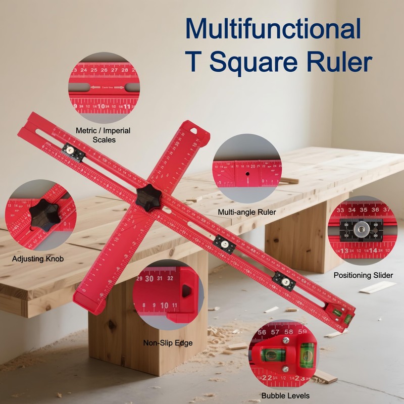 5-in-1 T Square Ruler 24 Inch, Multifunctional Drilling Positioning Ruler