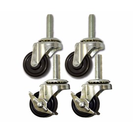 1-5/8" Caster with 3/8" x 1-1/2" Threaded Stem & Rubber Wheel (4 Pack, 2 with Side Brake)