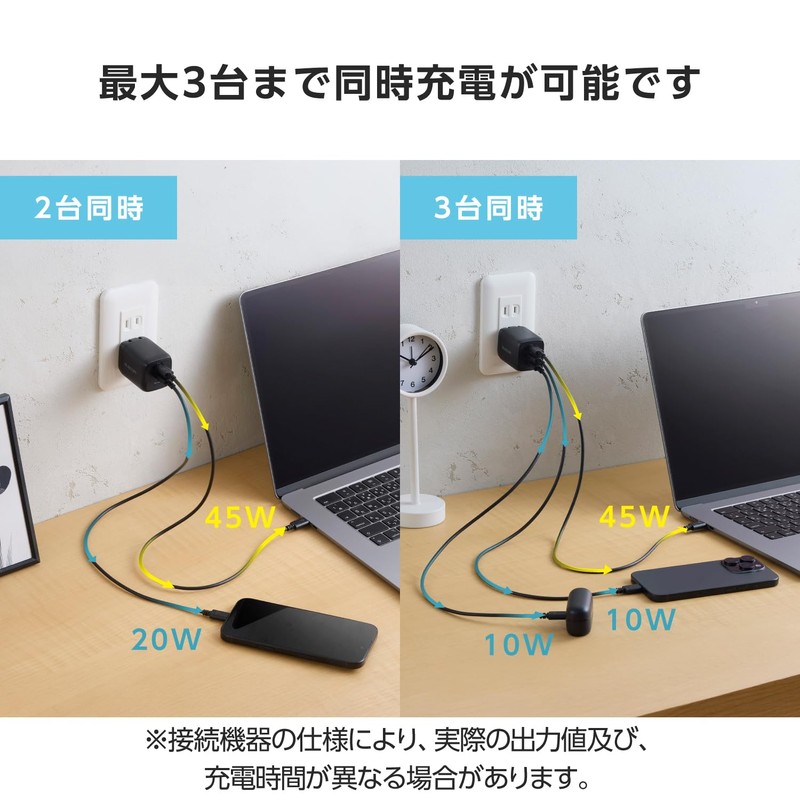 Elecom MPA-AC11167BK Charger, 67W, 3 Ports, USB-C x 3, Auto