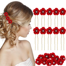 Bridal Red Rose Flower Hair Pins 10 Pieces Metal U-Shaped Hair Clips Wedding Hair Accessories Gold Headpiece Beads Hair Scrunchie Hemfu Flowers Headpiece for Girls (A)