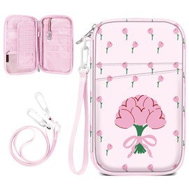 Fintie Family Passport Holder for Travel, 6 People Big Capacity RFID Blocking Travel Document Organizer Clutch Bag with Pen Holder Keychain Credit Cards Case Cover for Women Men, Tulip, Fashion