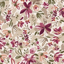 Taupe Raspberry Medium Flowers Floral Pattern Printed Rayon Crepon Fabric by The Yard