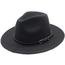 Classic Unisex Wool Blend Wide Brim Felt Fedora Hat Panama Hat Trilby Hat Church Derby Cap with Belt Buckle (Black), black
