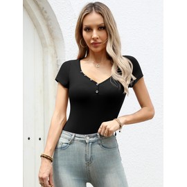 Missufe Women's Bodysuits V-Neck Short Sleeve Button Down Bodycon Ribbed Knitted Summer Tops Bodysuit Top, black