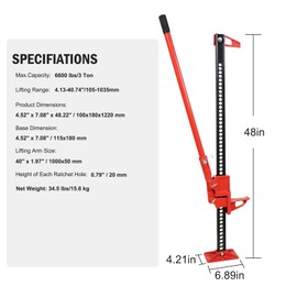 GarveeTech Floor JacksHigh Lift Jack, 48" Heavy-Duty 6000 Lbs Capacity Ratcheting Off-Road Jack for Tractor, Truck, SUV, ATV, Bumper Lift Red