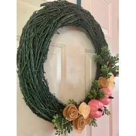 Fall Party Moss Grapevine Wreath 16 inch with Boxwood Sprigs Felt Flowers Pink Pumpkins - Thanksgiving Acorn Wreath
