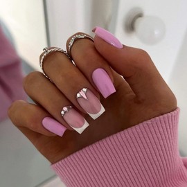 Pink Fake Nails French Tip Press on Nails Square Shape False Nails Cute Acrylic Nails Medium Stick on Nails Full Cover Artificial Fake Nails Glossy Glue on Nails for Women Girls Nail Decoration 24Pcs