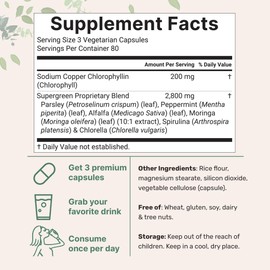 Chlorophyll 3,000mg Equivalent | 240 Veggie Capsules with Parsley, Peppermint, Alfalfa, Moringa, Spirulina, & Chlorella | Super Greens | Internal Deodorant, Skin, Gut, & Immune Support