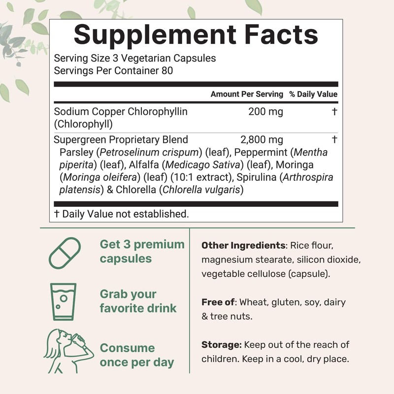 Chlorophyll 3,000mg Equivalent | 240 Veggie Capsules with Parsley, Peppermint,