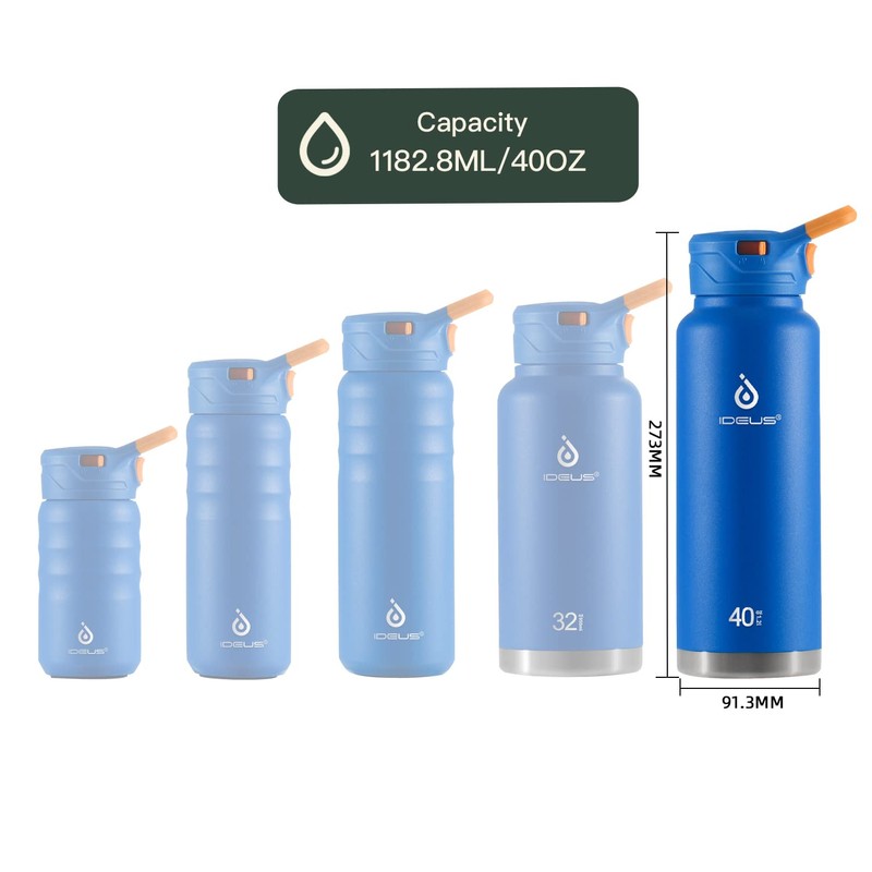 IDEUS Vacuum Insulated Water Bottle, 40 oz Stainless Steel Water