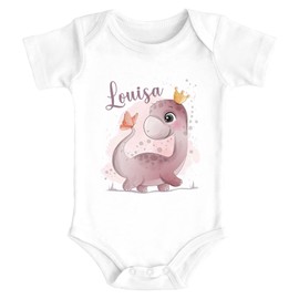 SpecialMe® Baby Bodysuit with Name Print Dino Dinosaur Butterfly Tie Motif Short Sleeve Organic Cotton, Dinosaur Girl White