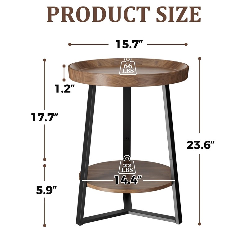 Gadroad Round End Table with Storage Shelf, 2 Tier Farmhouse