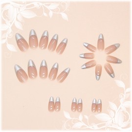 24Pcs Silver French Tips Press on Nails with Simple Design, Glossy Nude False Nails Gel Glue on Nails Red Solid Color Manicure Art Full Cover Acrylic Fake Nails Stick on Nails for Coquette Women Girls