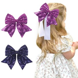 7 Inch Glitter Bow Clip Sequin Hair Bows Alligator Bling Barrettes Large Big Sparkly Hair Accessories for Girls Women Stage Performance Christmas Birthday Party(2Pack) (Purple and Navy Blue)