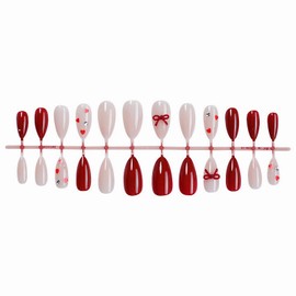 MISUD Press on Nails Almond Medium Fake Nails Glossy Glue on Nails Red Bow Acrylic Nails Stiletto Artificial Nails Heart Stick on False Nails with Rhinestone Design 24 pcs