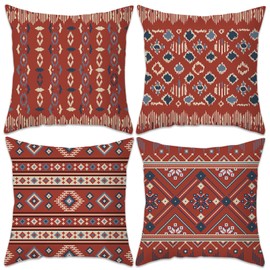 Betadistor Red Cushion Covers Set of 4, 45 x 45 cm Boho Style Decorative Throw Pillow Covers 18" x 18" Square Exotic Pillow Cases for Couch Bedroom Home Office, Exotic Red, 507-0133
