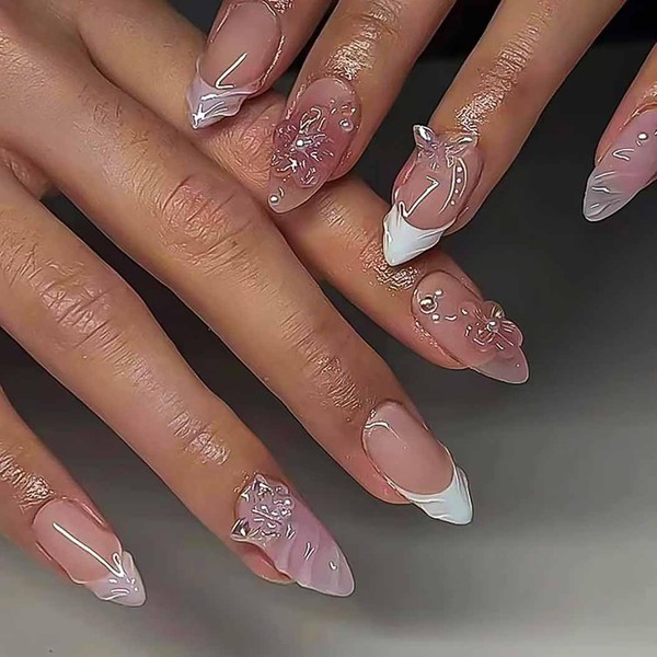 RikView White Press on Nails Medium Fake Nails French Tips