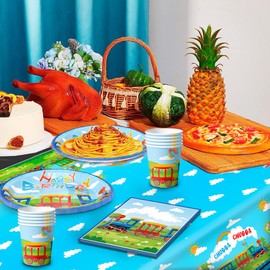 Train Birthday Party Supplies,16 guests Train Party Decorations Tableware Set - Train Plates and Cups Napkins & Train Birthday Banner Tablecloth etc Train Themed Tableware for Boys/Girls Kids