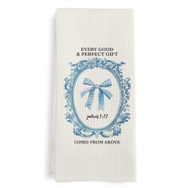 GWFSJYU Blue Bow Christian Kitchen Towels, Coquette James 1:17 Dish Tea Towels for Kitchen, Blue Bow Christian Decor, Preppy Bible Verse Decorative Hand Towels for Girls Bathroom, 16x24 Inch