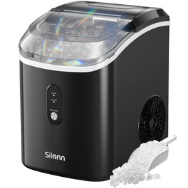 Silonn Nugget Ice Makers Countertop, Chewable Pellet Ice Machine with Self Cleaning Function, Portable Pebble Ice Maker with Ice Scoop for Home Kitchen Office, Black