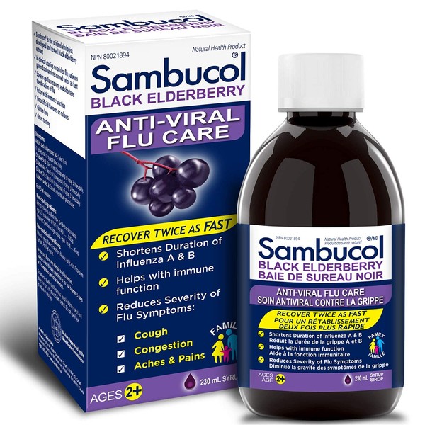 Sambucol Black Elderberry Anti-Viral Flu Care | Quickly Relieves Cold & Flu Symptoms | Immune Support & Antioxidant | Ideal for Families | Syrup, 230 mL, blue