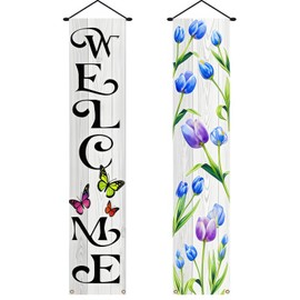 BlissYard Spring Summer Floral Porch Sign Flowers Tulip Welcome Banner Door Sign Decorations Hanging Door Banner Spring Summer Decorations for Front Door Indoor Outside Home Yard Porch Wall Decor