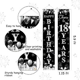 Kreatwow 18th Birthday Decorations Black Silver Happy 18th Birthday Banner Garland Black Silver Cheers to 18 Years Old Yard Sign Door Banner for 18 Years Old Men Women Birthday Party Indoor Outdoor