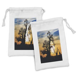 Ambesonne Wildlife Fabric Pouch Set of 2, Sunset in Africa Baobab Tree and Giraffes Silhouette at Sunset Sky Exotic Scenery, Small Drawstring Bag for Toiletries Masks and Favors, 9" x 6", Multicolor