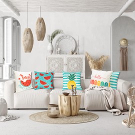 Outdoor Throw Pillow Covers 18 x 18 Boho Cushion Covers, Decorative Pillow Cover 18 x 18 Inch Throw Pillow Covers Set of 4, Watermelon Summer Fruits Linen Outdoor Pillow Covers for Sofa, Couch,Bedroom