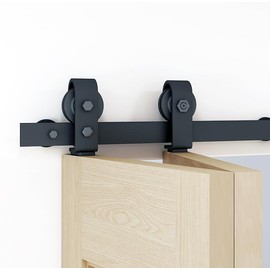 DIYHD 43" Bi-Folding Sliding Barn Door Hardware,Black Flat Track Top Mount Roller,Kit for 2 Doors,No Door