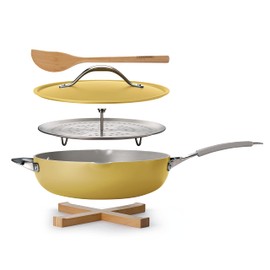 Tramontina All-in-One Plus Pan Set, 5-Quart Ceramic Non Stick Cooking Pan with Lid, Steamer Insert, Bamboo Utensil and Trivet, Yellow