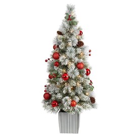 Nearly Natural 4ft. Winter Flocked Artificial Christmas Tree Pre-Lit with 50 LED Lights and Ornaments in Decorative Planter