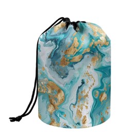 Poceacles Blue Gold Marble Drawstring Makeup Bags for Women, Foldable Travel Cosmetics Bag Pouch Brush Organizer Toiletry Kit Storage Pouch