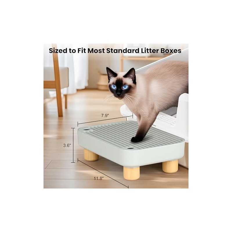 Litter Box Step, Litter Box Ramp/Catcher with Wooden Base, Anti-Tracking