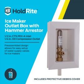 Holdrite HR-IMA-P-0 2 Inch CTS x 1/4 Inch Compression Connection Ice Maker Outlet Box with Water Hammer Arrestor, Pre-Assembled, PEX Tailpiece, White
