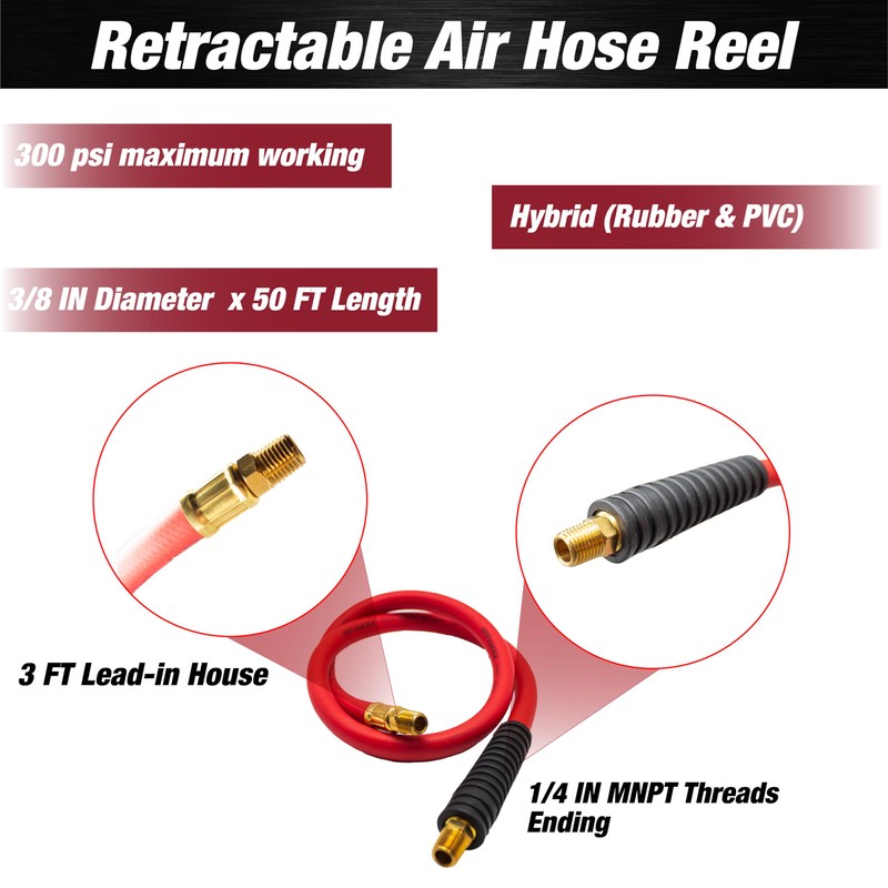 LAUCO Retractable Air Hose Reel, 3/8 IN x 50 FT