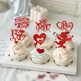 Keaziu Paquete de 24 decoraciones para cupcakes del día de San Valentín, beso y magdalenas para propuesta de boda, compromiso, despedida de soltera, fiesta temática de amor, decoración de tartas, color rojo Q