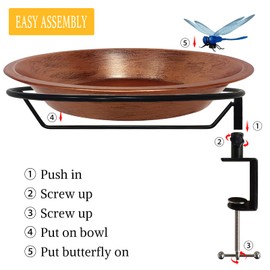 Keygift Deck Mounted Bird Bath for Outdoors, 11.5 Inches Metal Birdbath Bowl with Adjustable Steel Clamp, Antique Copper Deck Bird Feeder for Railing Balcony Fence Yard Art Garden Decor