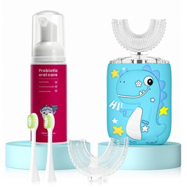 PVOGRT Kids U Shaped Electric Toothbrush, Toddler Toothbrush with 2 U-Shaped Brush Heads 2 Soft Replacements with Toothpaste Automatic Toothbrush Rechargeable,6 Cleaning Modes - Age2-7 Blue